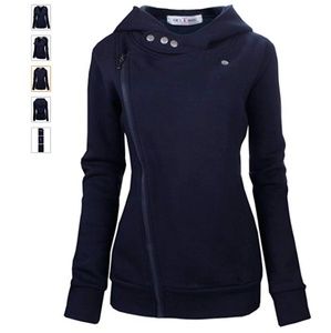 Navy asymmetrical zip snap collar hooded jacket